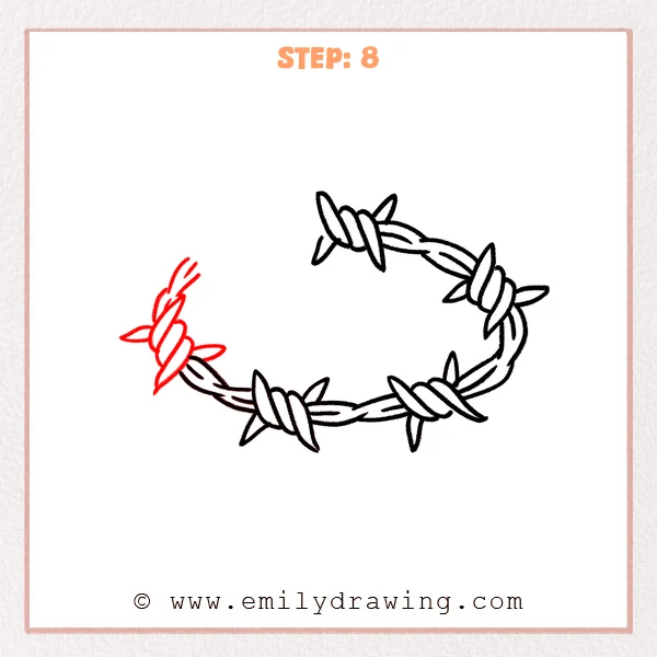 how to draw a barbed wire - Step 8: A fifth barbed knot is added near the top left and the wire curves right to form the top edge.